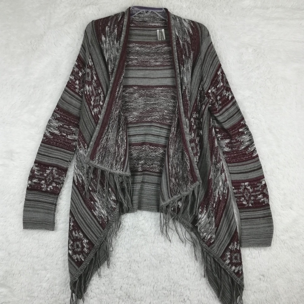 Vanity Sweater Womens Cardigan Open Front Knitted Gray Purple Tassel Geometric M